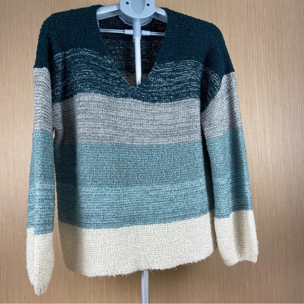 Knox Rose XL Striped Knit Sweater V-Neck Teal